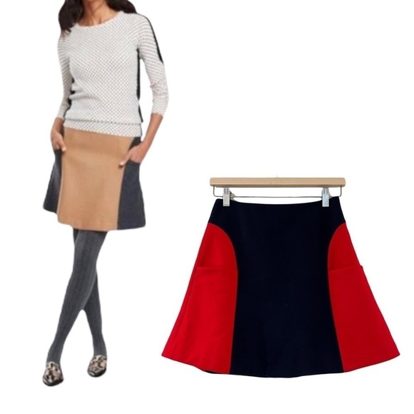 BODEN Freya Color Block Navy & Red Wool A-Line Mini Skirt Preppy Size 2P - Picture 1 of 5